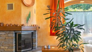 A cozy living room with a stone fireplace, a large potted plant, and a view of the outdoors.