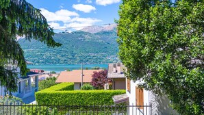 A residential area with a view of a lake and mountains.