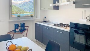 Une cuisine moderne équipée d’une cuisinière à gaz, d’un évier et de placards. Une fenêtre offre une vue sur les montagnes et un lac.