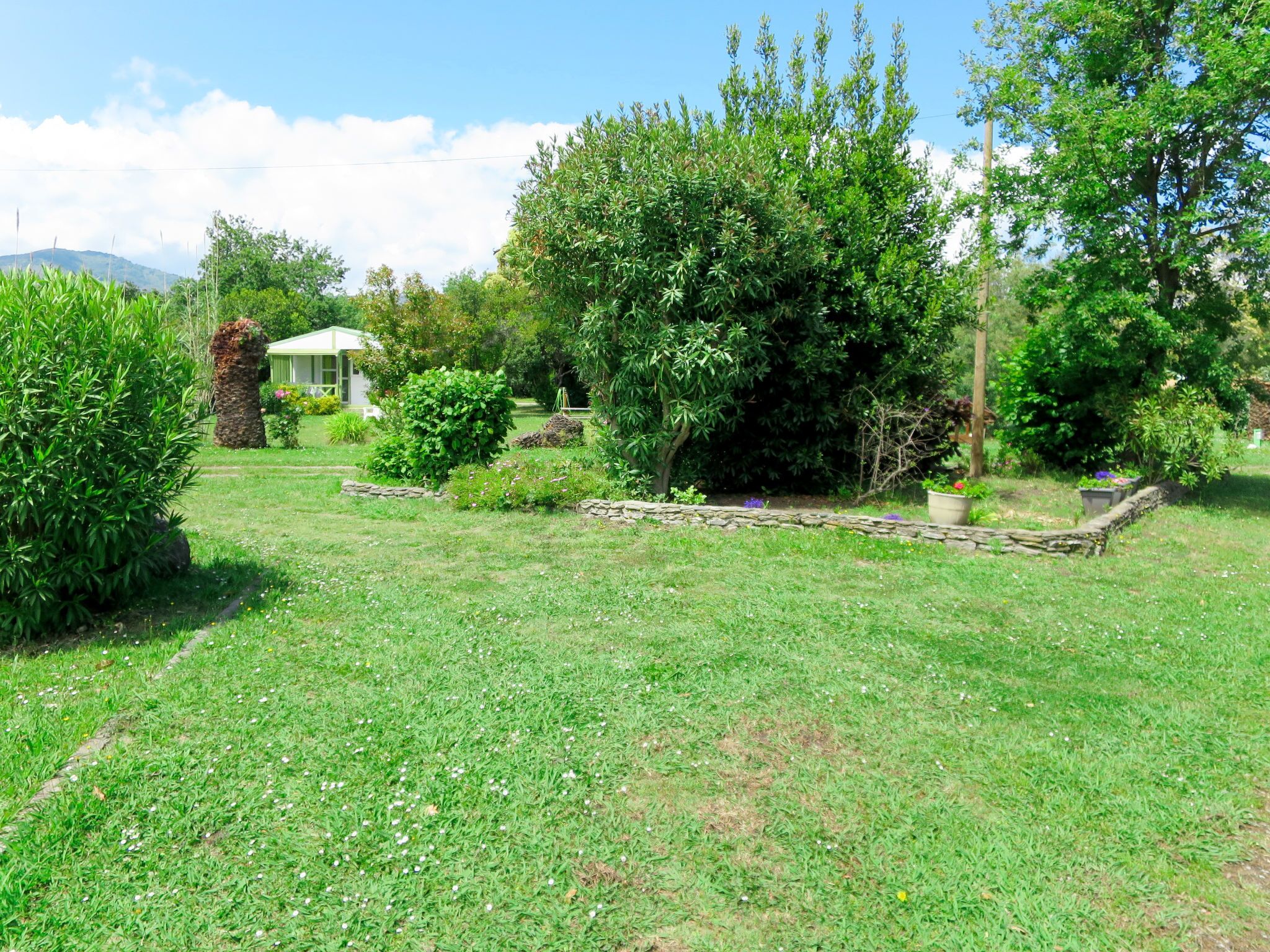 Een verzorgde tuin met verschillende struiken en een kiezelpad.