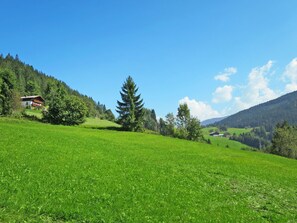 A green field with a building on a hillside.