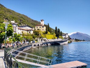 A riverside town with a bridge, buildings, and a mountain in the background.