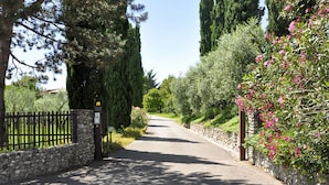 A paved driveway leading to a gated entrance with stone walls and a metal gate.
