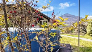 A garden with a blue barrel, a tree with red berries, and a mountain in the background. - Bellavista by Interhome (Gravedona)