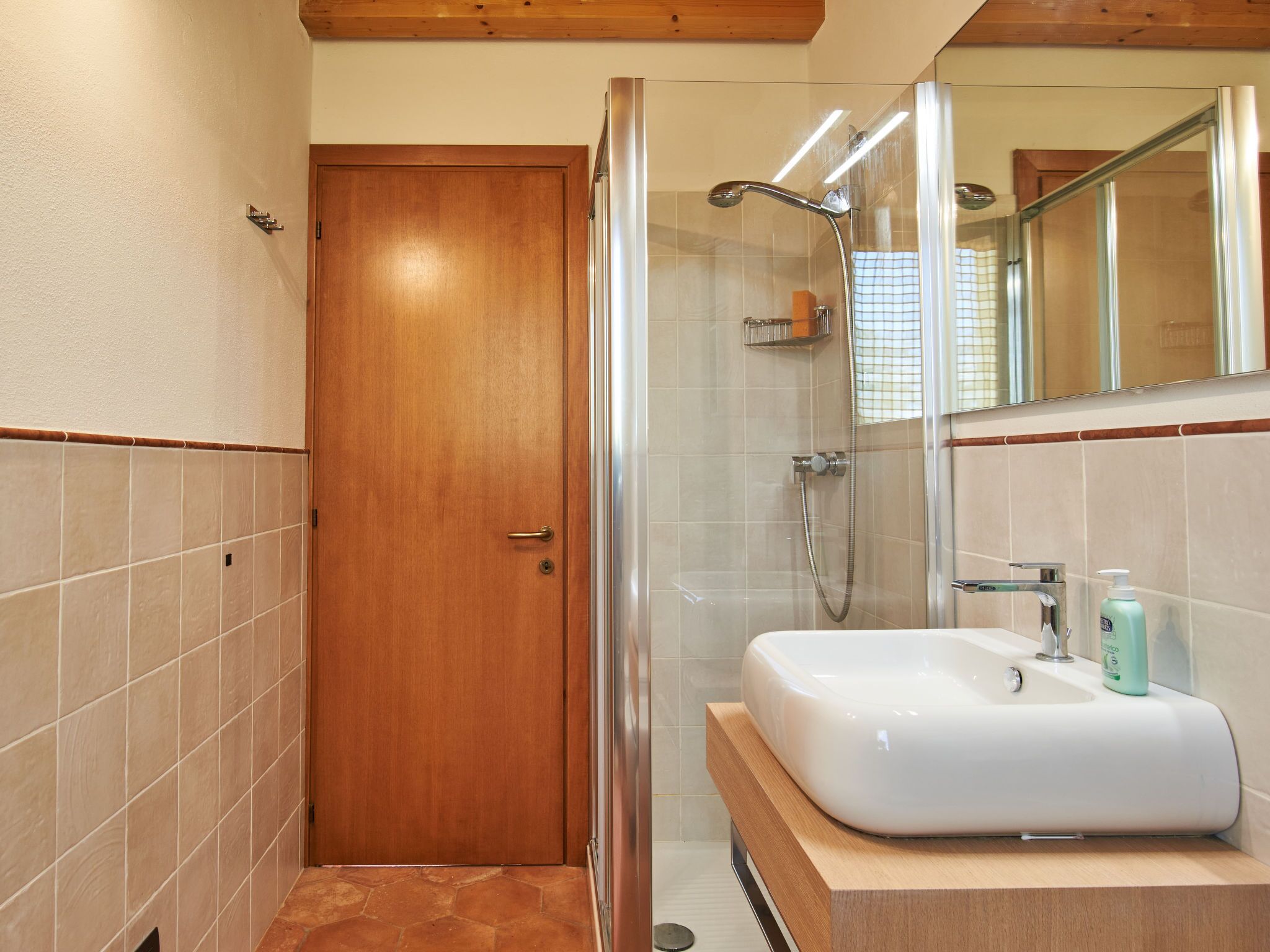 A bathroom with a wooden door, a glass shower enclosure, and a white sink with a soap dispenser.