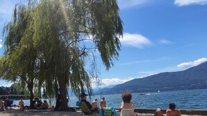 A pebbled beach with people relaxing under a large tree, overlooking a lake with boats and mountains in the background. - Montesole by Interhome (Porto Valtravaglia)