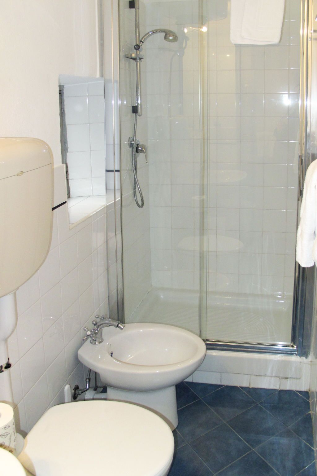 A bathroom with a glass-enclosed shower, a white toilet, and a bidet.