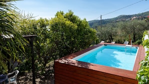 A rectangular swimming pool with a wooden deck, surrounded by lush greenery and a view of a hilly landscape. - Villa Paradiso (DOL192) by Interhome (Dolcedo)