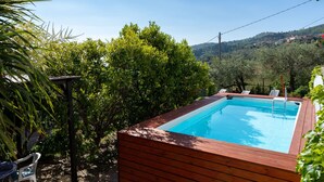 Une piscine rectangulaire avec une terrasse en bois, entourée d’une végétation luxuriante et offrant une vue sur un paysage vallonné.