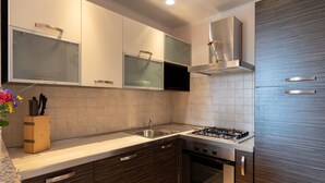 Une cuisine moderne équipée d’une cuisinière à gaz, d’un four, d’appareils électroménagers en acier inoxydable et de meubles de rangement en bois.