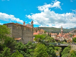 A historic stone building with multiple towers, surrounded by lush greenery and a bridge.