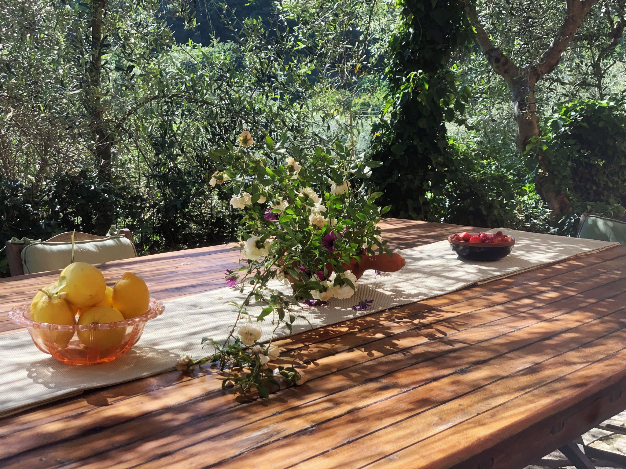 Un tavolo di legno con una ciotola di limoni e una pianta in vaso con fiori bianchi.