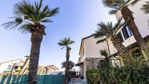 A pathway lined with palm trees leading to a building with stone and stucco exterior walls. - Le Margherite (SLR255) by Interhome (San Lorenzo al Mare)