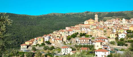 A hillside village with traditional buildings, a prominent tower, and lush greenery.