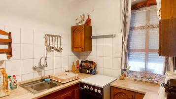 Fridge, microwave, oven, cookware/dishes/utensils