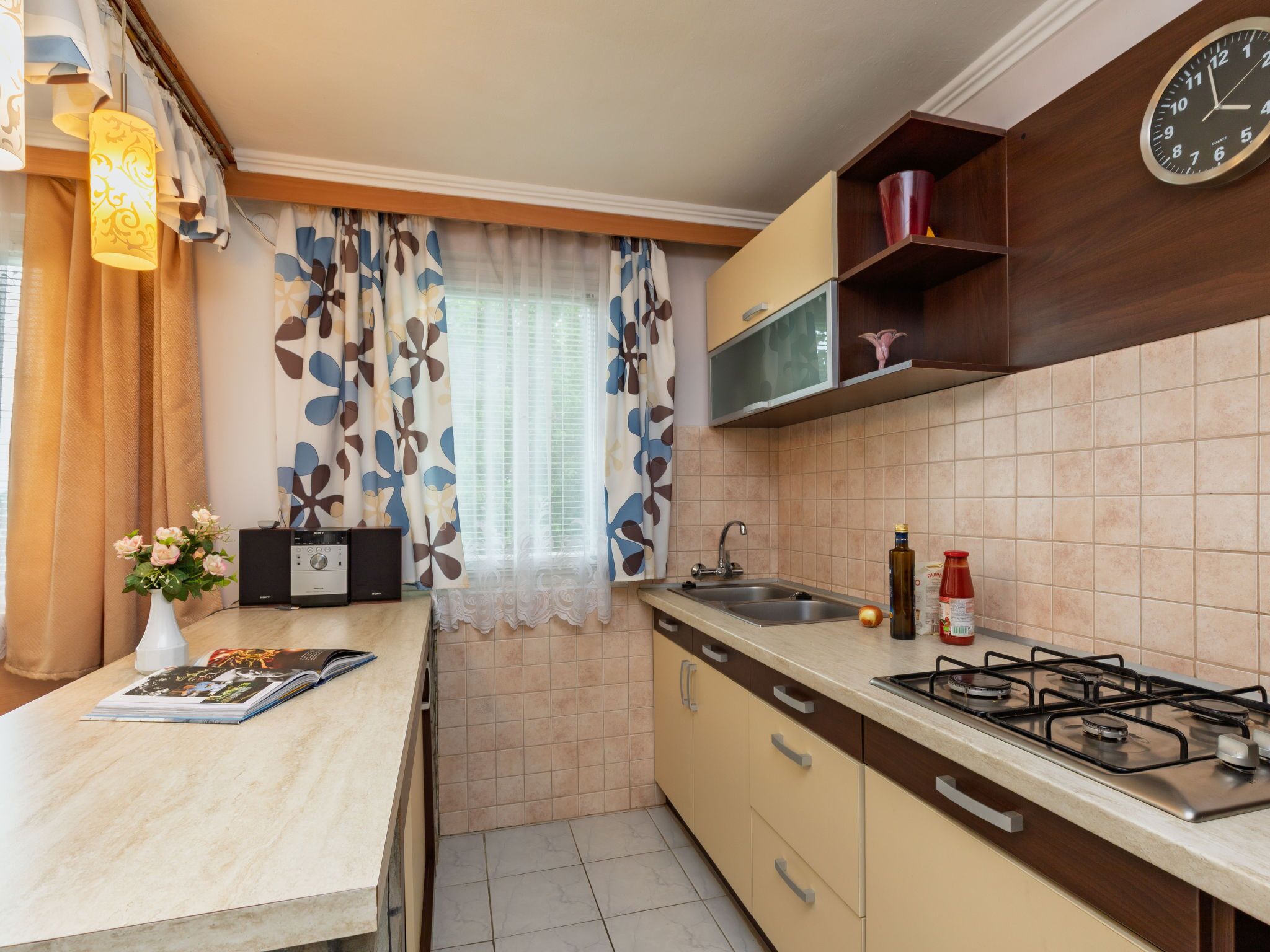 Fridge, microwave, oven, cookware/dishes/utensils