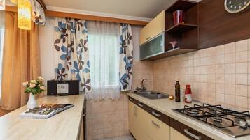 Fridge, microwave, oven, cookware/dishes/utensils
