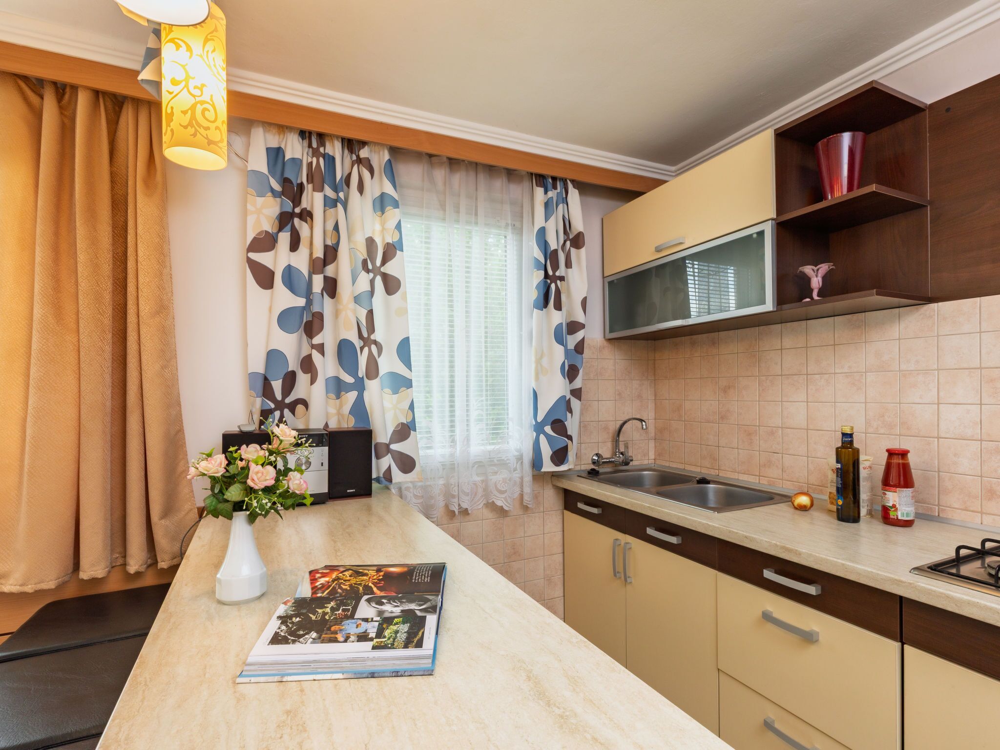 Fridge, microwave, oven, cookware/dishes/utensils
