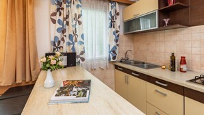 Fridge, microwave, oven, cookware/dishes/utensils