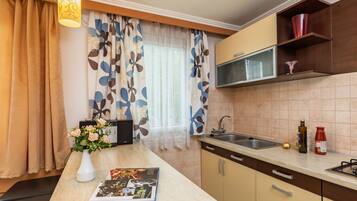 Fridge, microwave, oven, cookware/dishes/utensils
