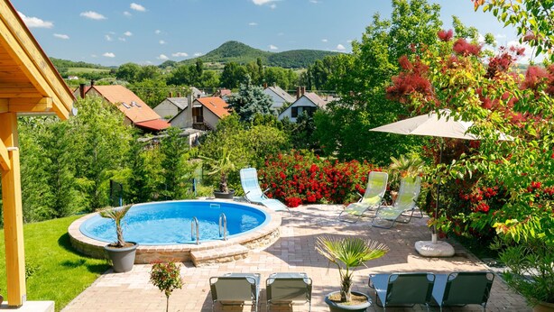 Un jardin avec une piscine, des chaises longues et une pergola.