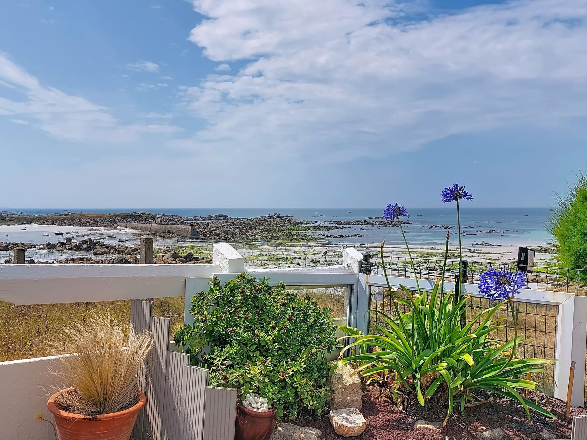 A balcony with a view of the beach and the sea, potted plants, and a white railing.