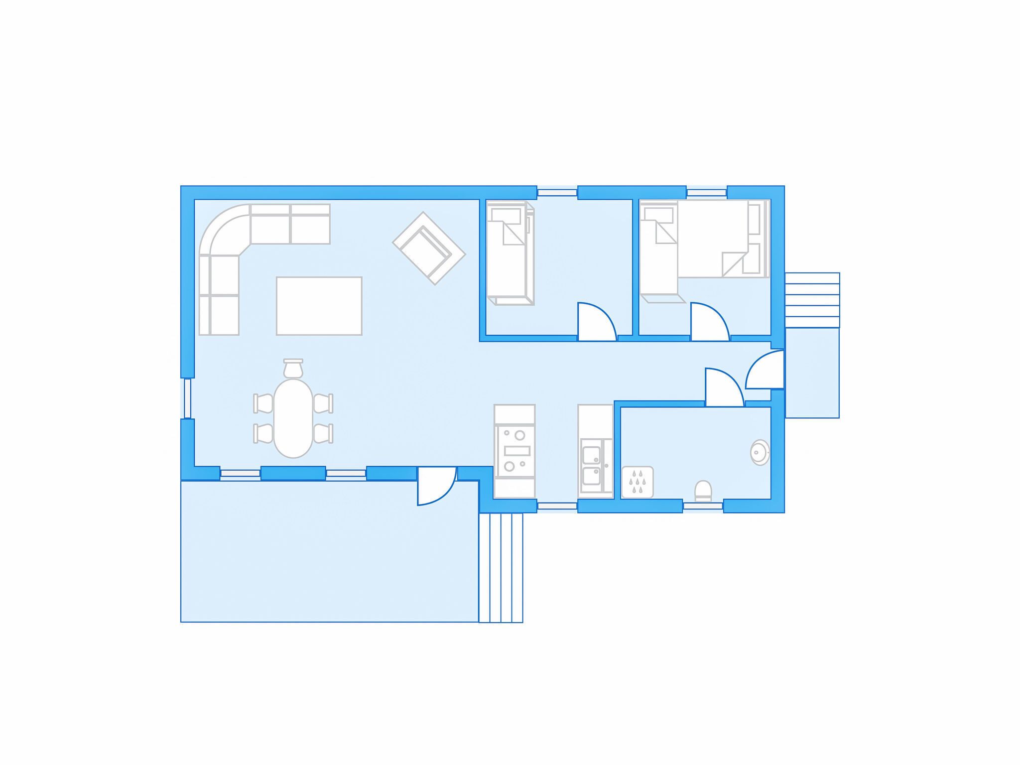 A floor plan of a hotel room with a bed, a desk, a chair, a small bathroom, and a kitchenette.