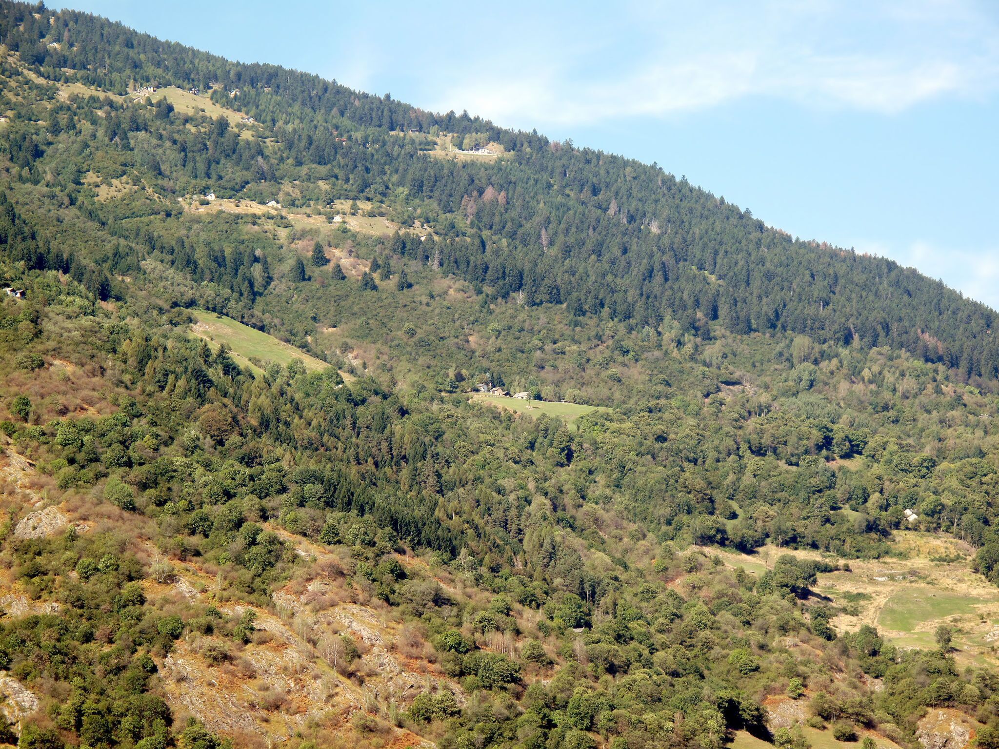 A mountainous landscape with dense forest and scattered buildings.