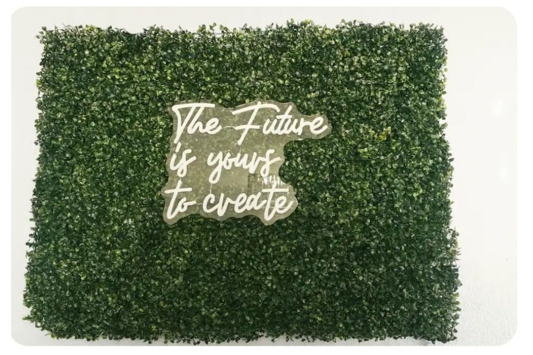 A wall with a green hedge and a sign that reads "The Future is yours to create."