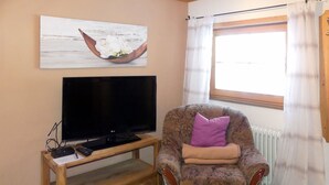 A living room with a flat-screen TV on a wooden stand, a floral-patterned armchair with a cushion, and a window with curtains.