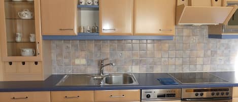 Refrigerador, horno, lavavajillas y utensilios de cocina