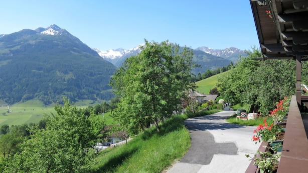 A rural road with a mountain backdrop, surrounded by greenery and a few houses.