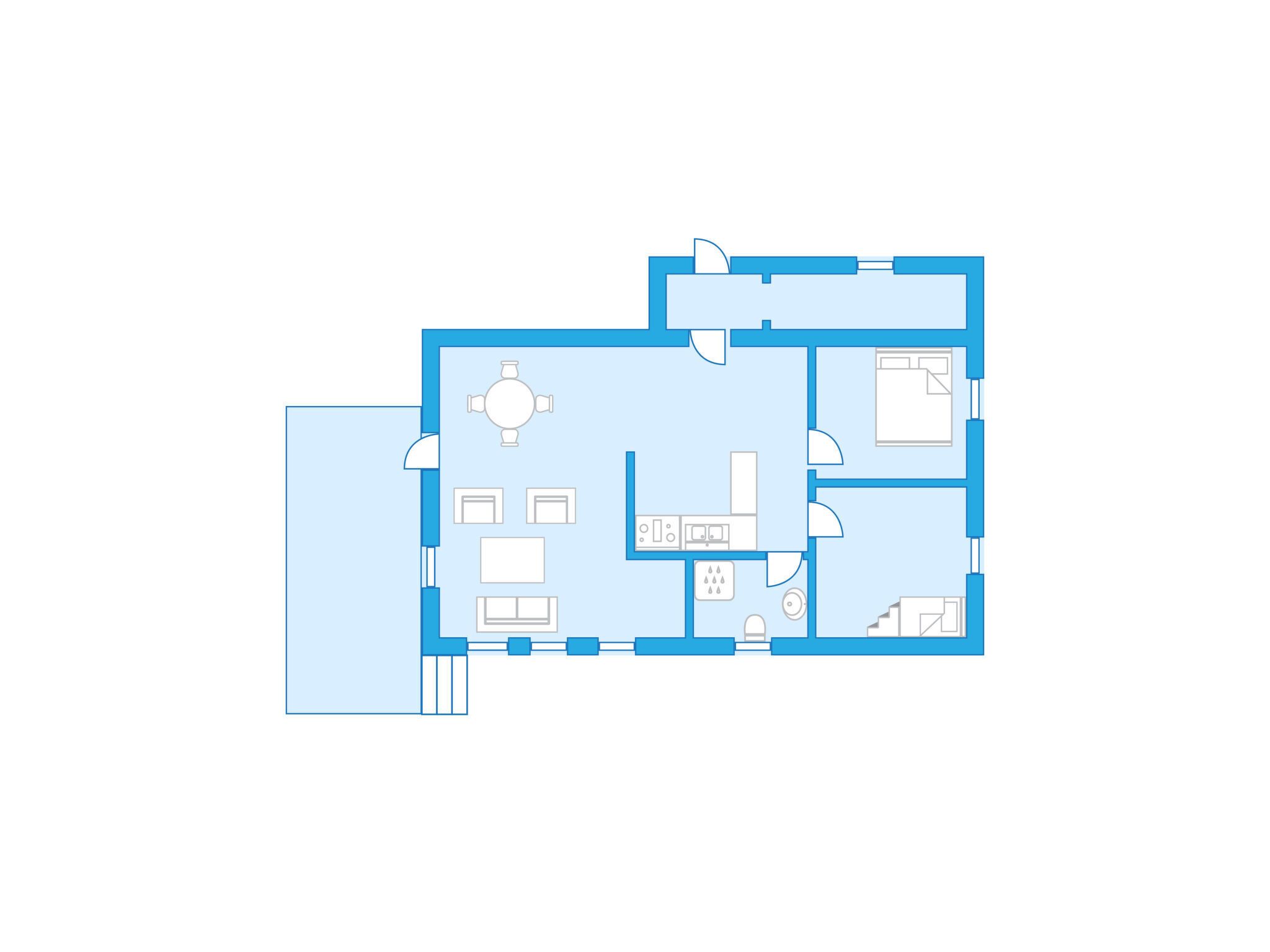 A floor plan with a living area, kitchen, dining area, and a bathroom.