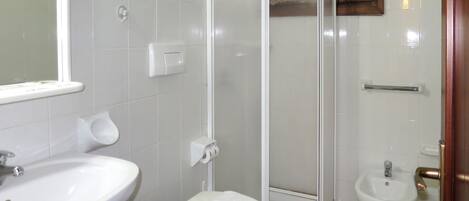 A bathroom with a sink, toilet, bidet, and a glass-enclosed shower.
