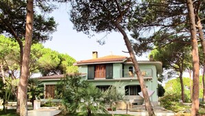 Une maison à deux étages, dotée d’une façade verdoyante, d’un toit en tuiles et d’un jardin bien entretenu, agrémenté d’arbres et d’arbustes.