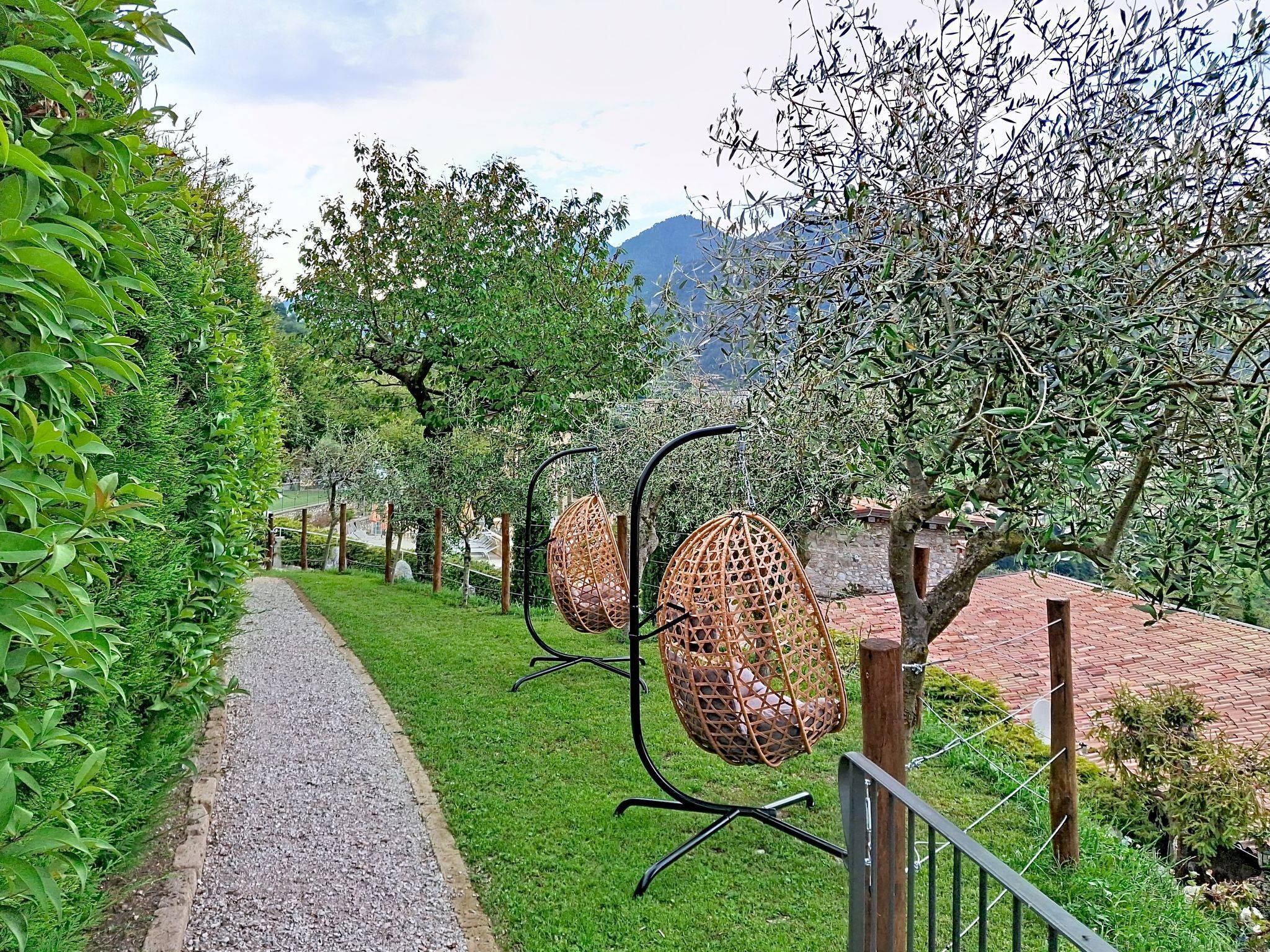 Un sentier bordé de verdure, une balançoire en osier et une vue sur une montagne.