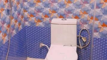 Shower, towels, shampoo, toilet paper