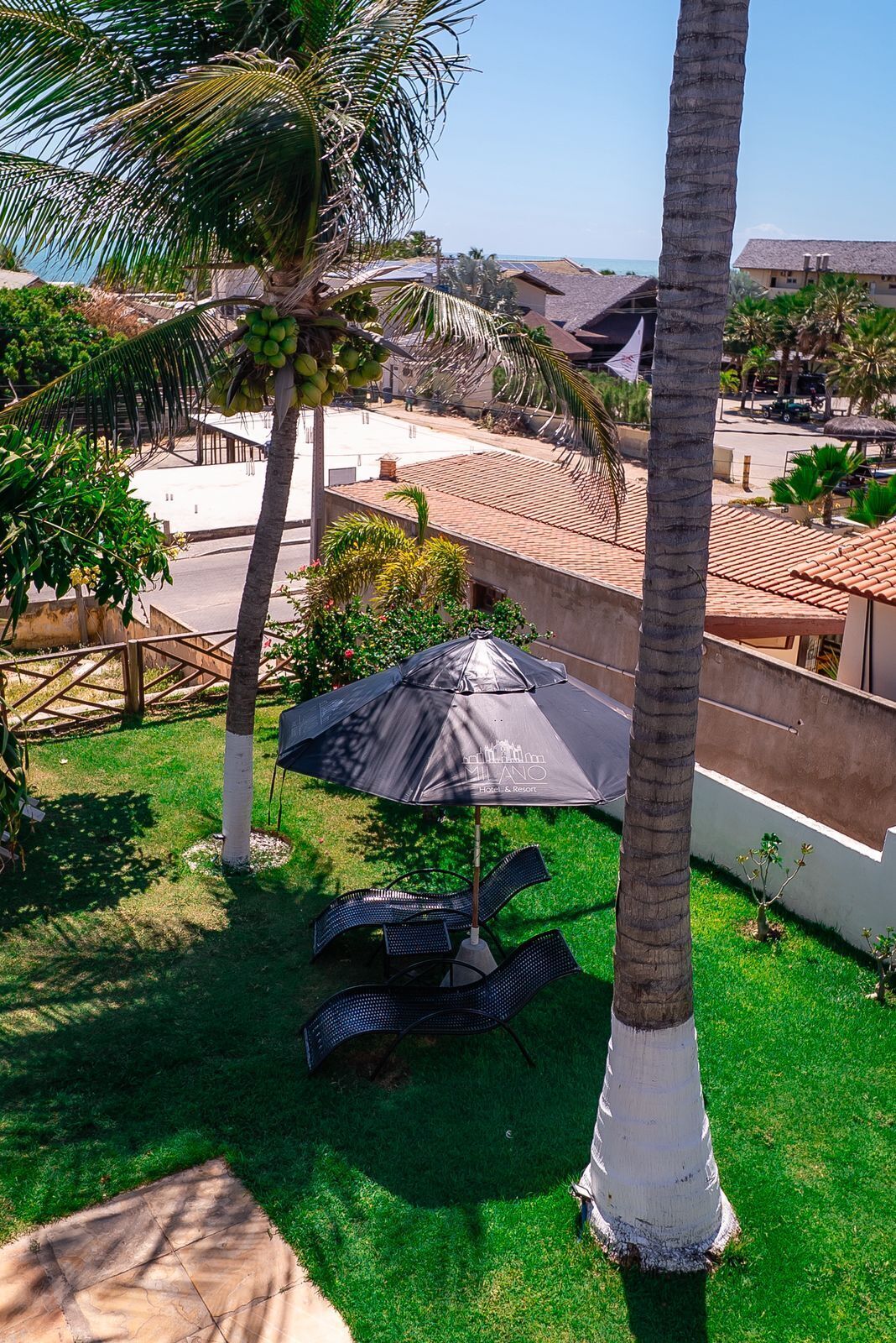 A patio area with a table and chairs, a large umbrella, and palm trees.