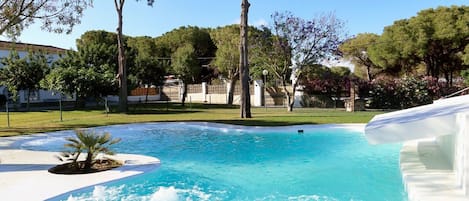 En swimmingpool med krystalklart, blåt vand, omgivet af træer og et hvidt område ved poolen.