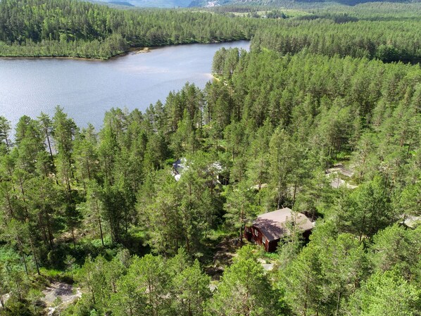 A cabin surrounded by dense forest with a lake in the background.