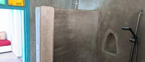 Hair dryer, towels, soap, shampoo