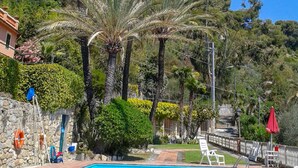 A swimming pool surrounded by palm trees and a stone wall, with a view of a hillside. - Paradise Corner by Interhome (Ventimiglia)