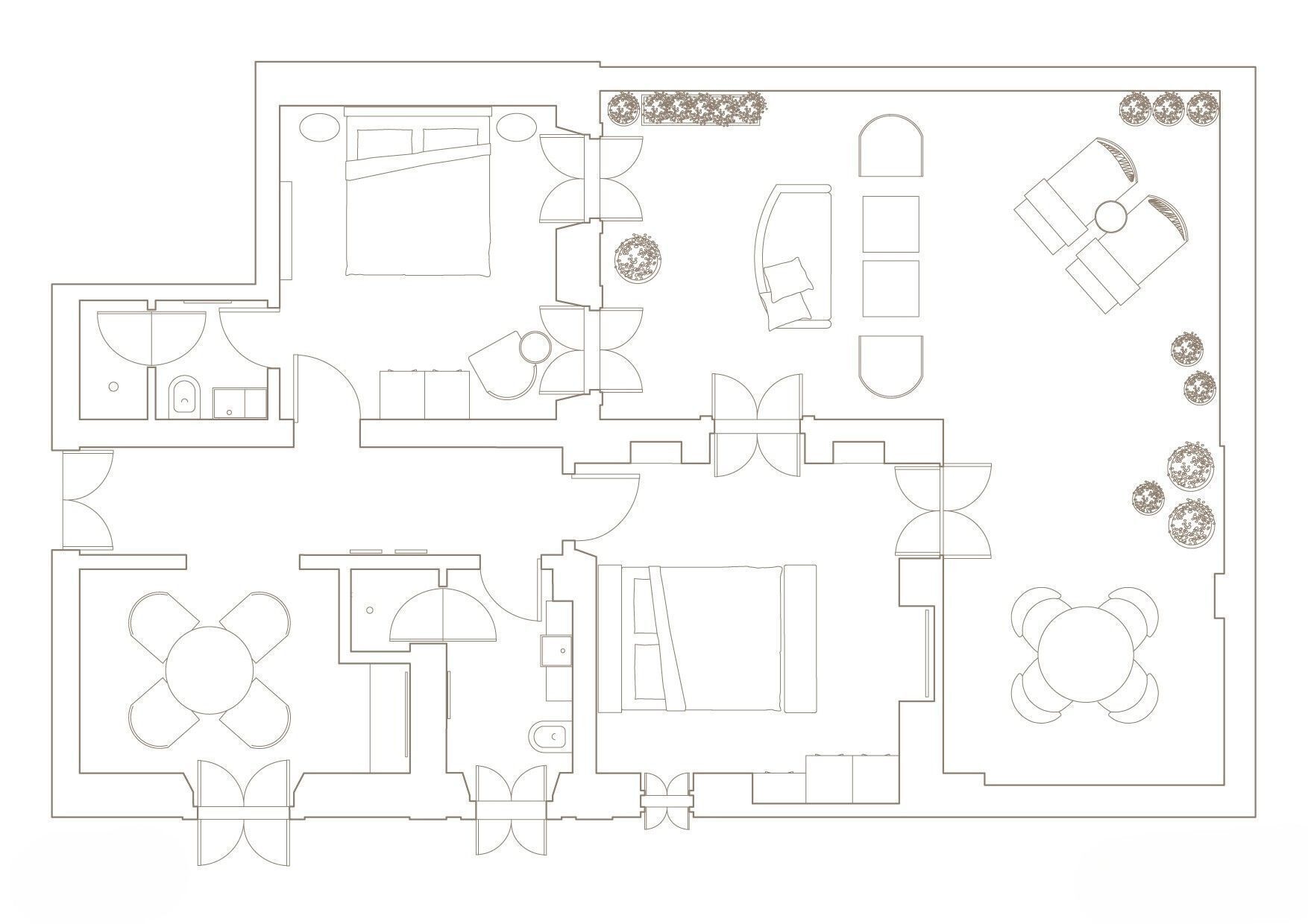 A floor plan of a hotel with multiple rooms, a central hallway, and a dining area.