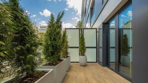 Un corredor exterior moderno con suelo de madera, grandes macetas con vegetación y fachada de vidrio de un edificio.