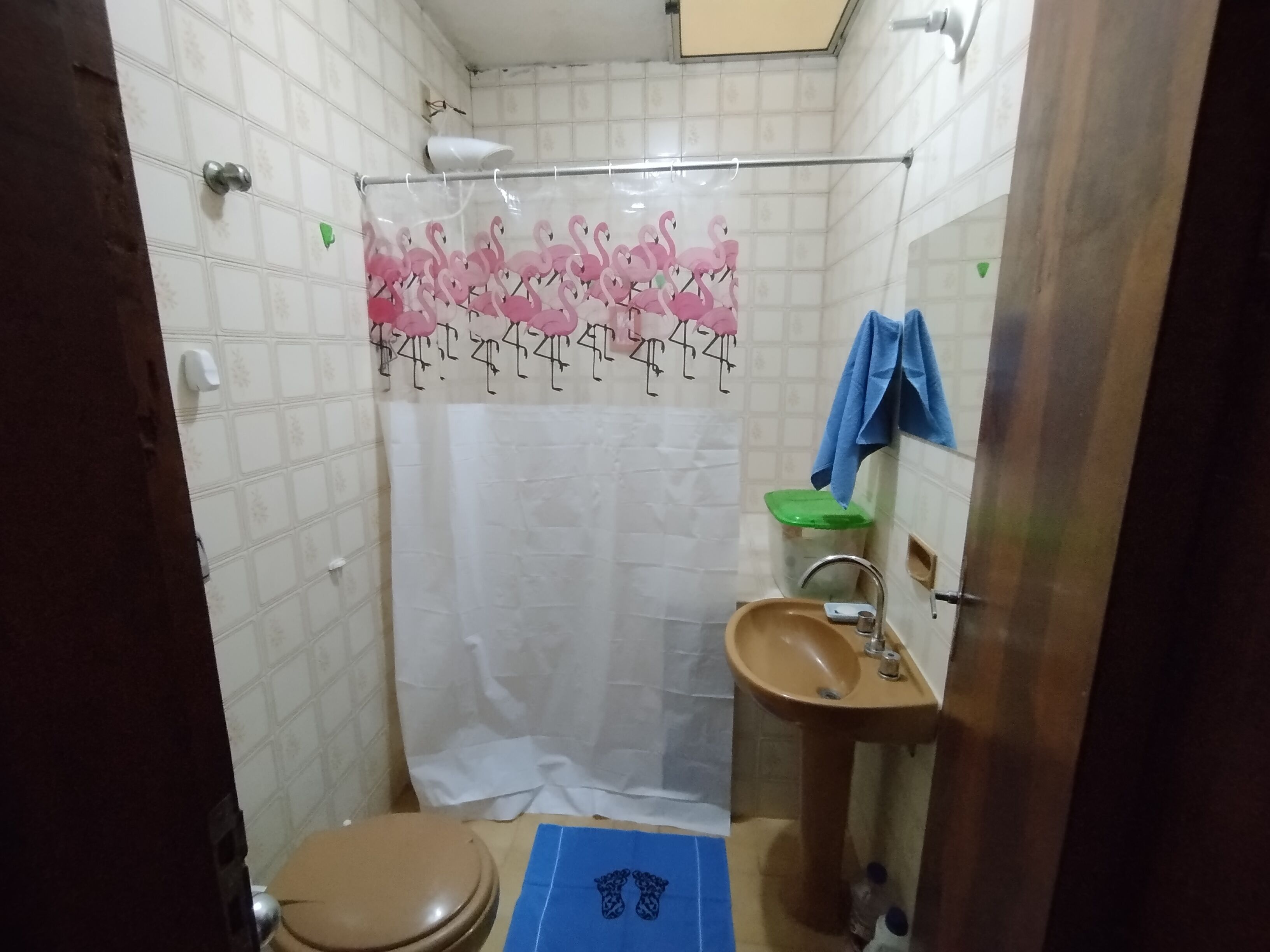 Chuveiro, toalhas de banho, sabonete, papel higiênico