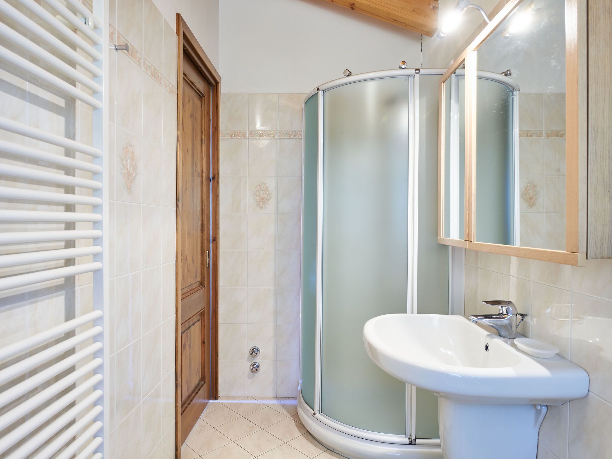 A bathroom with a shower enclosure, a sink, and a wooden door.
