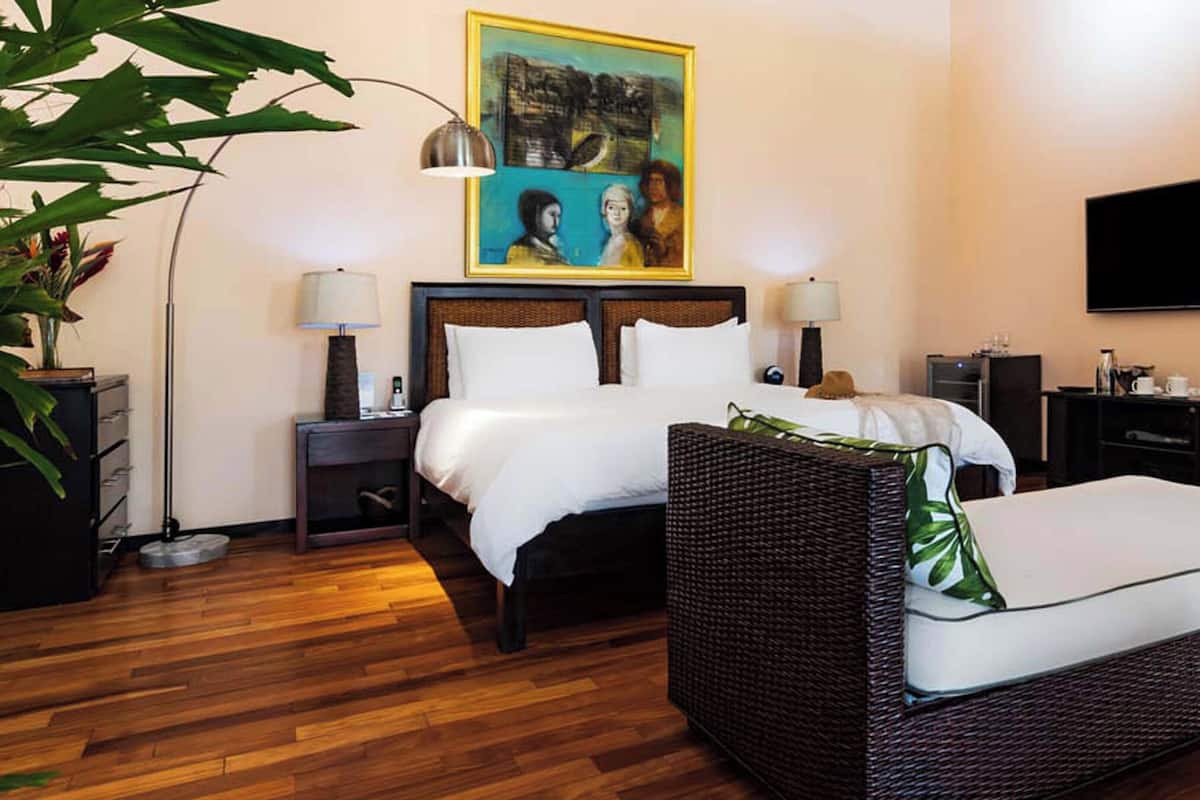 Habitación de hotel con una cama grande, un sofá pequeño, un escritorio, un televisor y un cuadro en la pared.