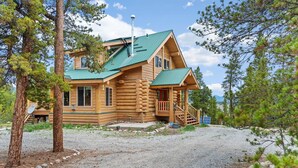 A log cabin with a green roof, a porch, and a gravel driveway. - NEW LISTING | 4BD Log Home in Twin Lakes, Amazing Views, Pets OK (Twin Lakes)