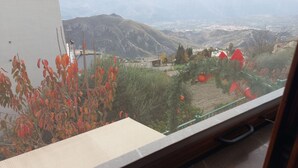 Une vue depuis une fenêtre donnant sur un paysage montagneux, avec un jardin au premier plan.