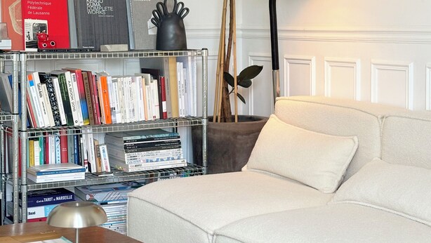 Un salon avec un canapé blanc, une table basse, une bibliothèque et une plante en pot.
